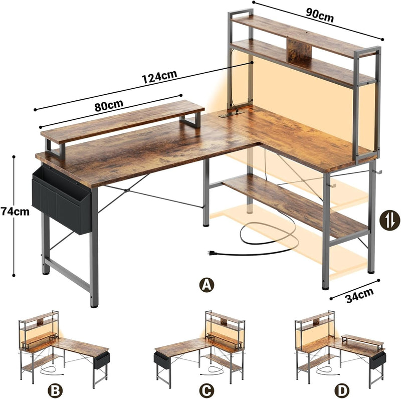 L Shaped Gaming Desk with Power Outlets LED