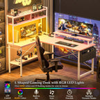 L Shaped Gaming Desk with Power Outlets LED