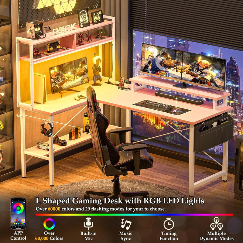 L Shaped Gaming Desk with Power Outlets LED