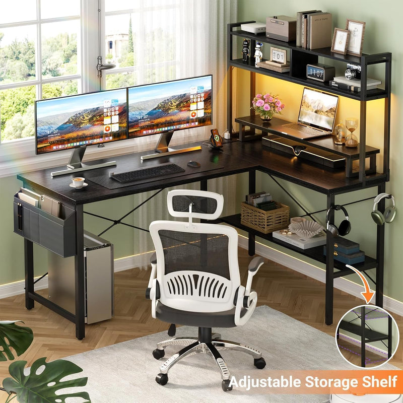 L Shaped Gaming Desk with Power Outlets LED
