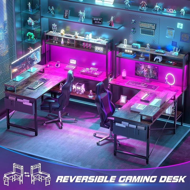 L Shaped Gaming Desk with Power Outlets LED