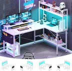 L Shaped Gaming Desk with Power Outlets LED
