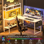 L Shaped Gaming Desk with Power Outlets LED