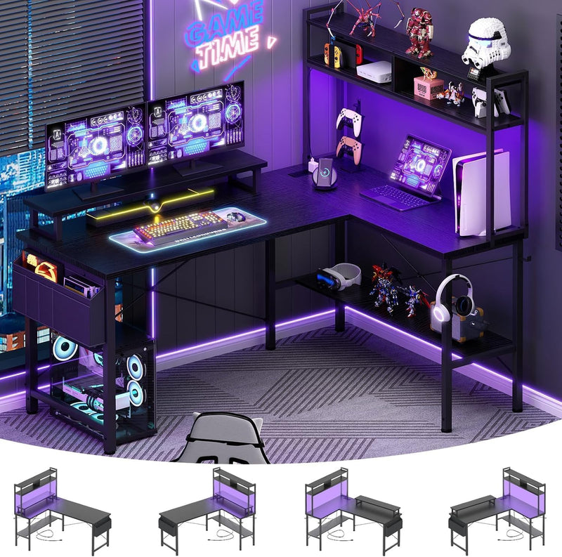 L Shaped Gaming Desk with Power Outlets LED