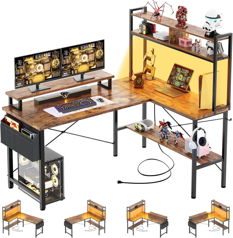 L Shaped Gaming Desk with Power Outlets LED