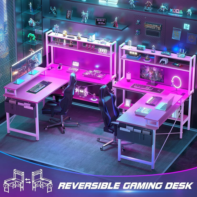 L Shaped Gaming Desk with Power Outlets LED