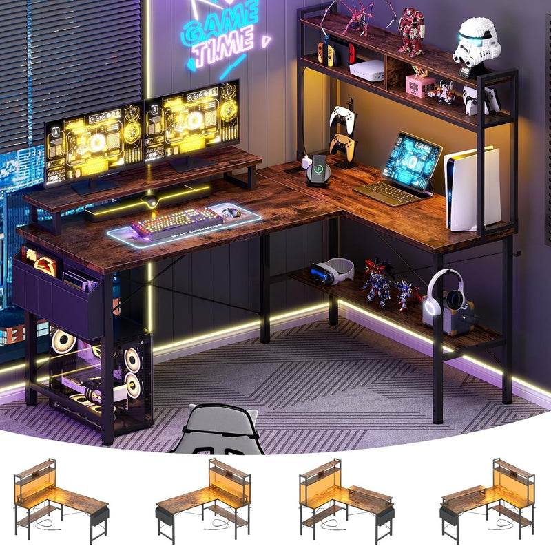 L Shaped Gaming Desk with Power Outlets LED