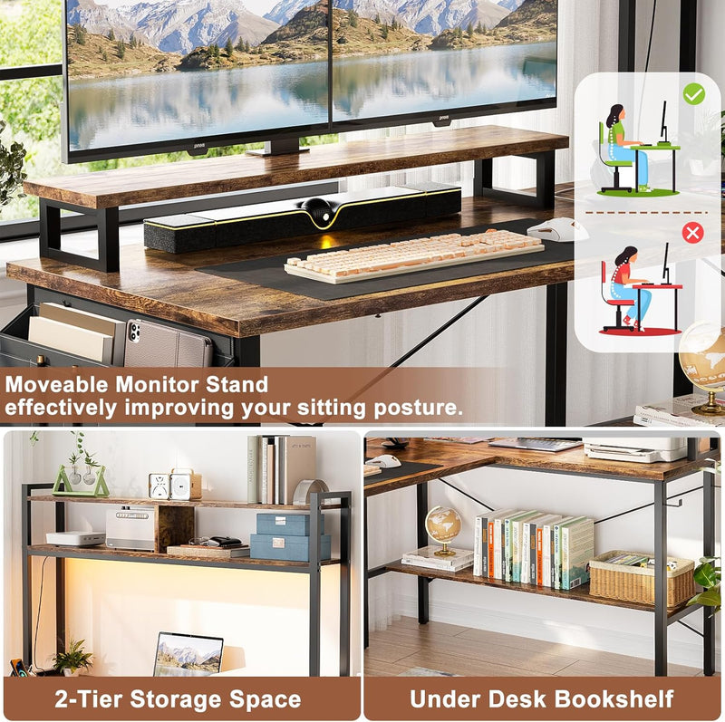L Shaped Gaming Desk with Power Outlets LED
