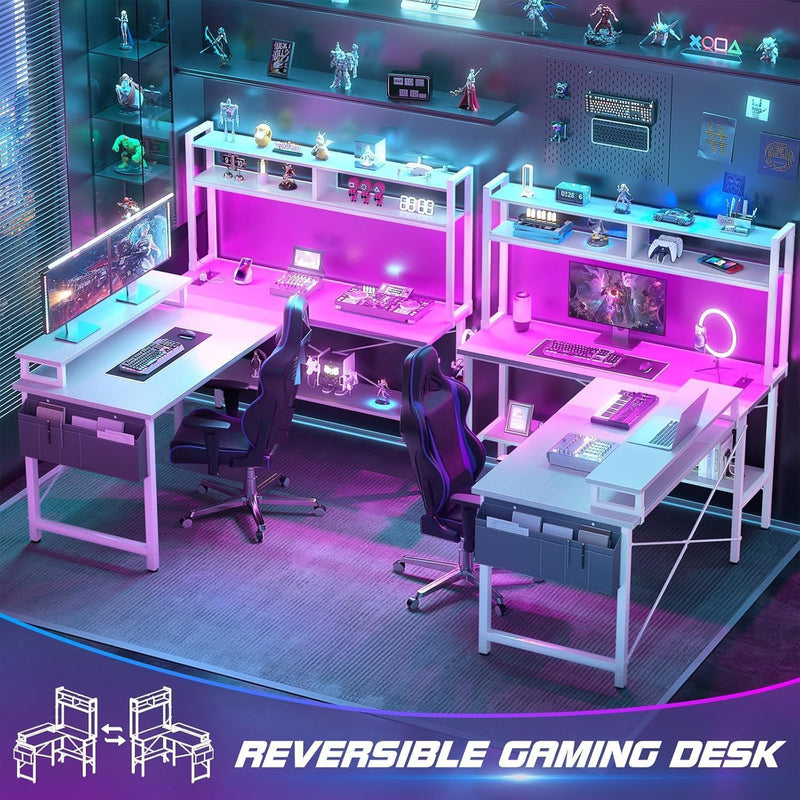 L Shaped Gaming Desk with Power Outlets LED