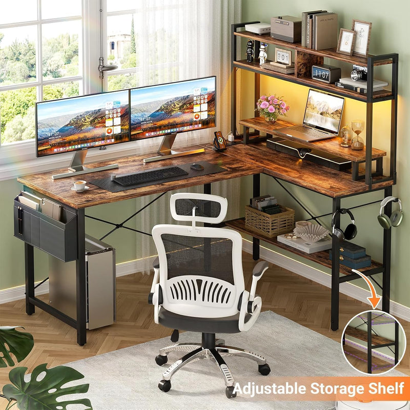 L Shaped Gaming Desk with Power Outlets LED