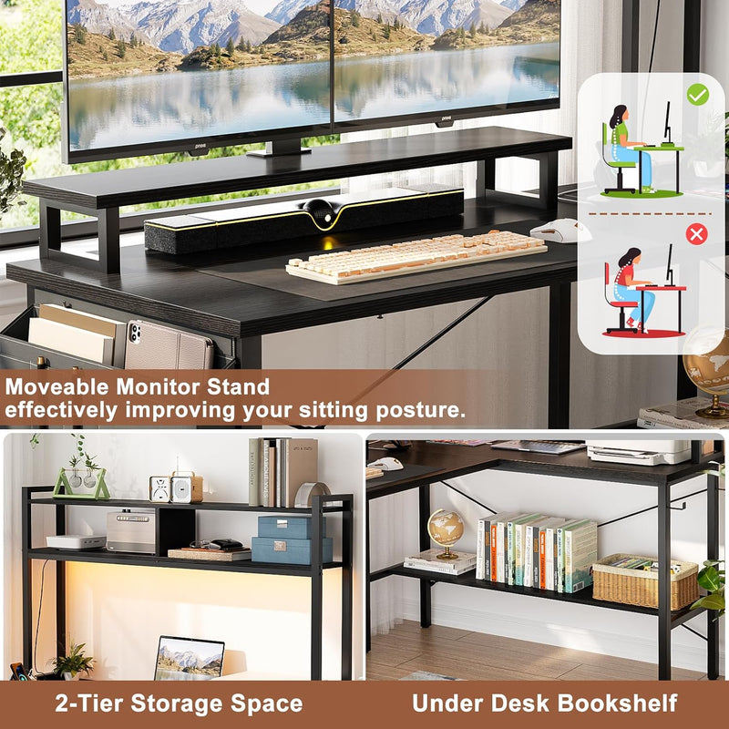 L Shaped Gaming Desk with Power Outlets LED