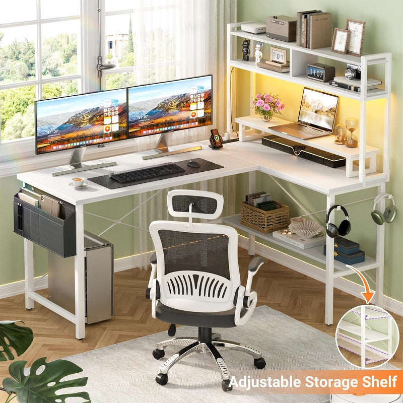L Shaped Gaming Desk with Power Outlets LED