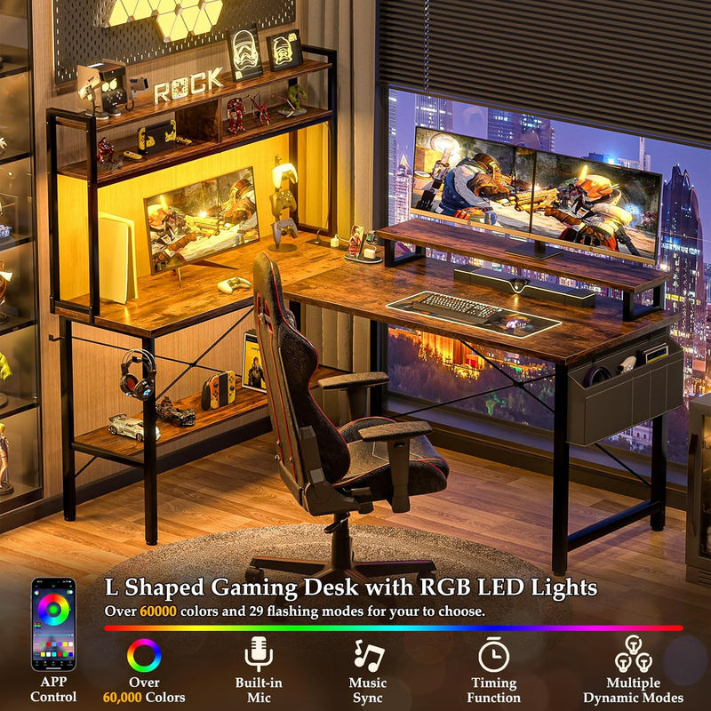 L Shaped Gaming Desk with Power Outlets LED