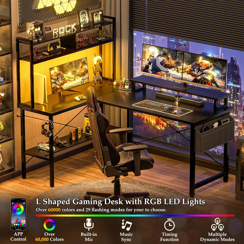 L Shaped Gaming Desk with Power Outlets LED