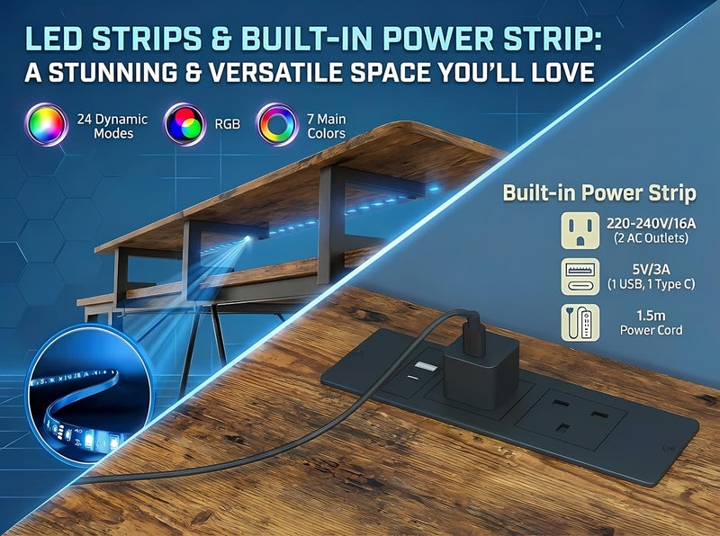 L Shaped Gaming Desk with RGB LED Lights
