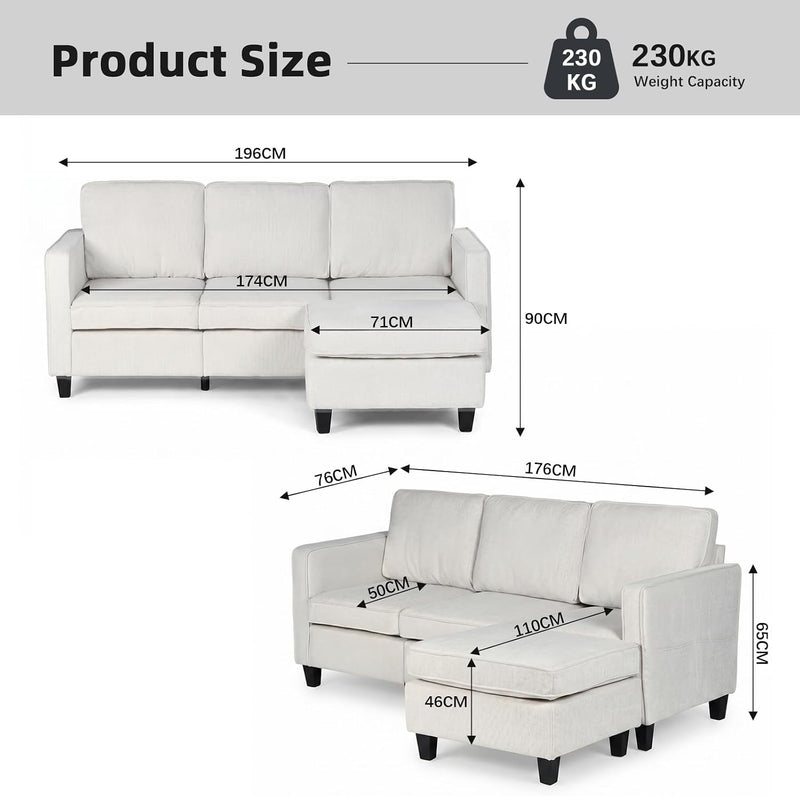 L-Shaped Sectional Sofa 3 Seater Boucle Fabric
