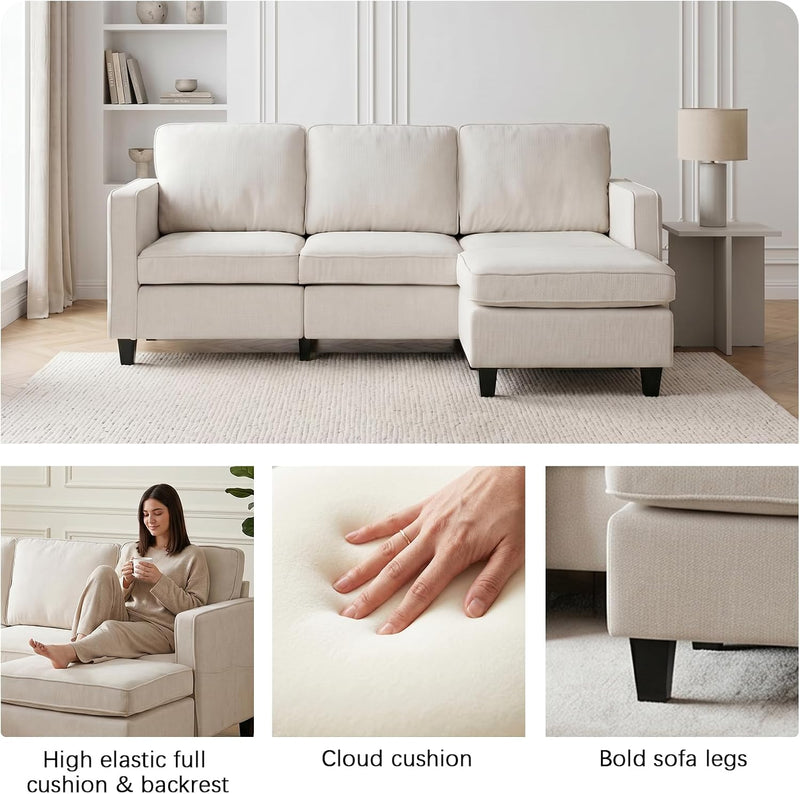 L-Shaped Sectional Sofa 3 Seater Boucle Fabric