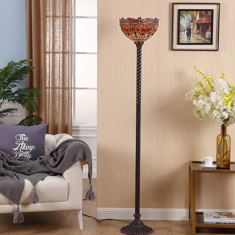 Dragonfly Tiffany Style Stained Glass Torchiere Floor Lamp