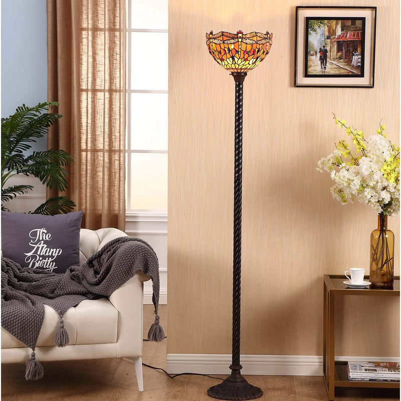 Dragonfly Tiffany Style Stained Glass Torchiere Floor Lamp