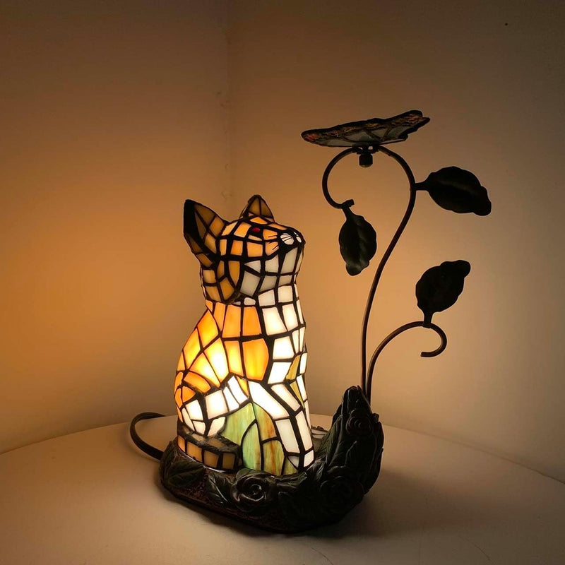 L50891 Tiffany-Style Stained Glass Cat Accent Table Lamp