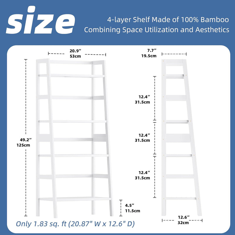 Ladder Shelf 4-Tier Bookshelf Bamboo Leaning Bookcase Display