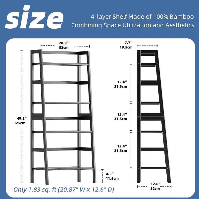 Ladder Shelf 4-Tier Bookshelf Bamboo Leaning Bookcase Display