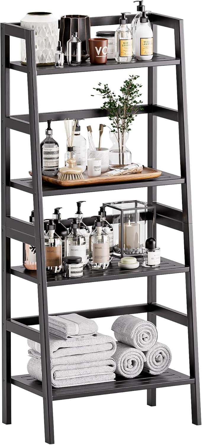 Ladder Shelf 4-Tier Bookshelf Bamboo Leaning Bookcase Display