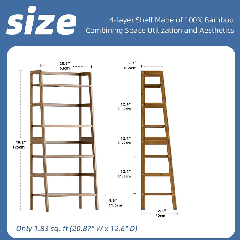 Ladder Shelf 4-Tier Bookshelf Bamboo Leaning Bookcase Display