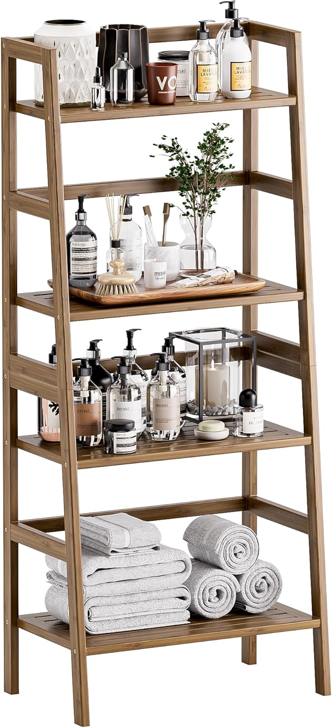 Ladder Shelf 4-Tier Bookshelf Bamboo Leaning Bookcase Display