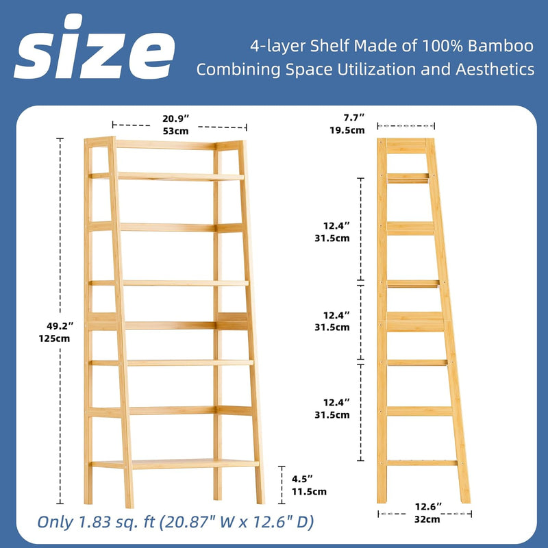Ladder Shelf 4-Tier Bookshelf Bamboo Leaning Bookcase Display