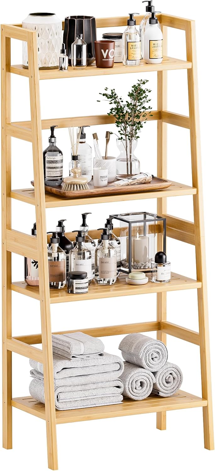 Ladder Shelf 4-Tier Bookshelf Bamboo Leaning Bookcase Display