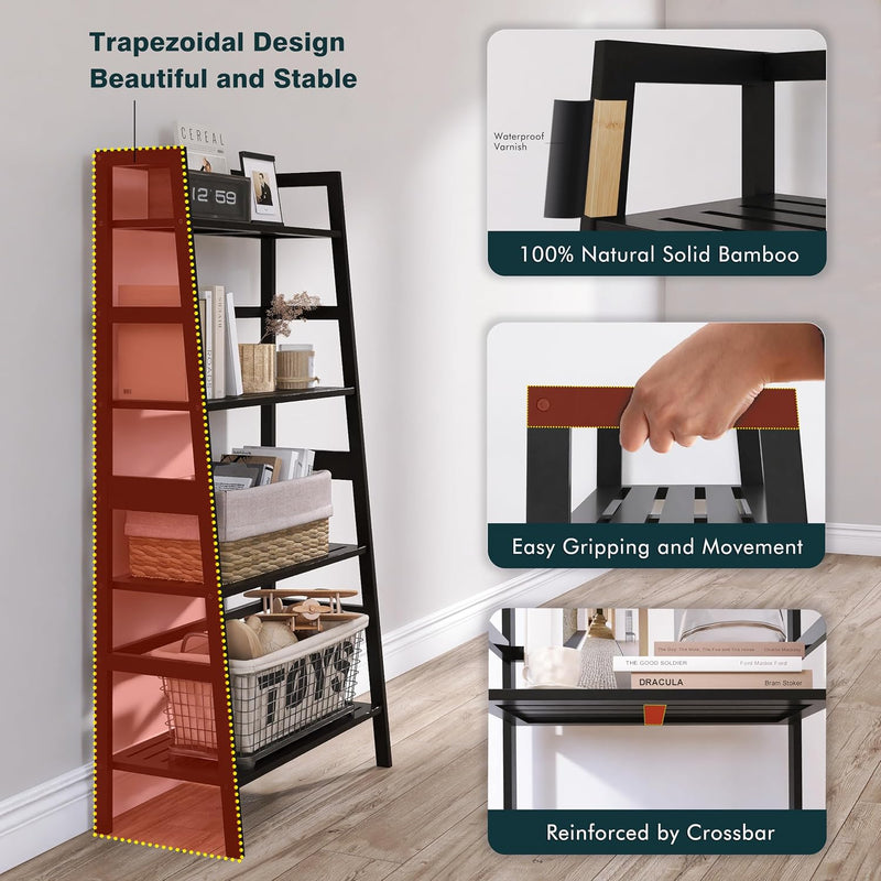 Ladder Shelf 4-Tier Bookshelf Bamboo Leaning Bookcase Display