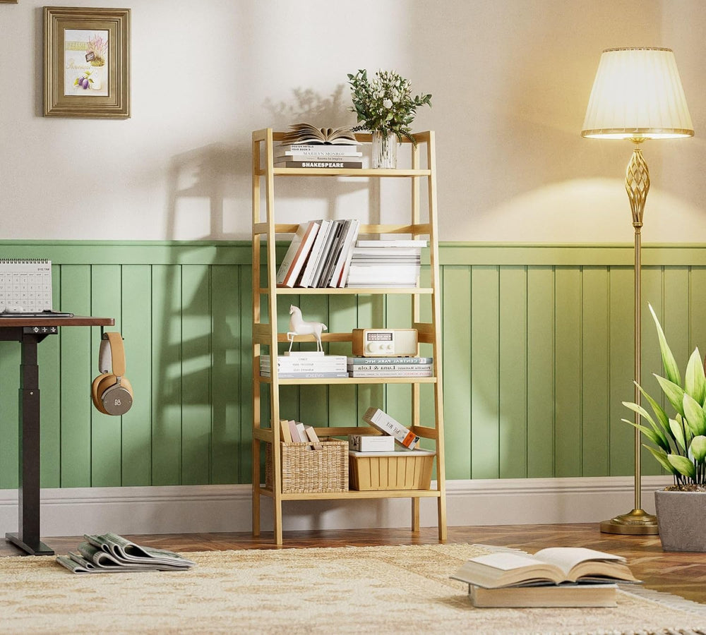 Ladder Shelf 4-Tier Bookshelf Bamboo Leaning Bookcase Display