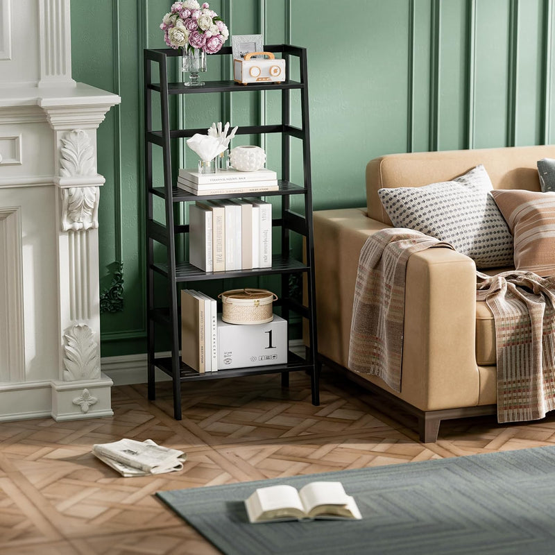 Ladder Shelf 4-Tier Bookshelf Bamboo Leaning Bookcase Display