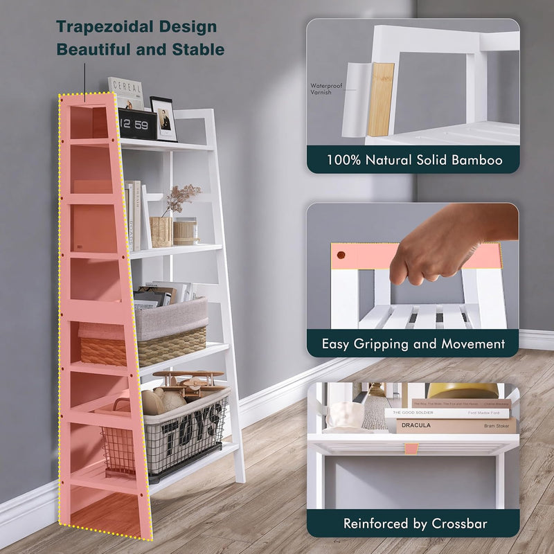 Ladder Shelf 4-Tier Bookshelf Bamboo Leaning Bookcase Display