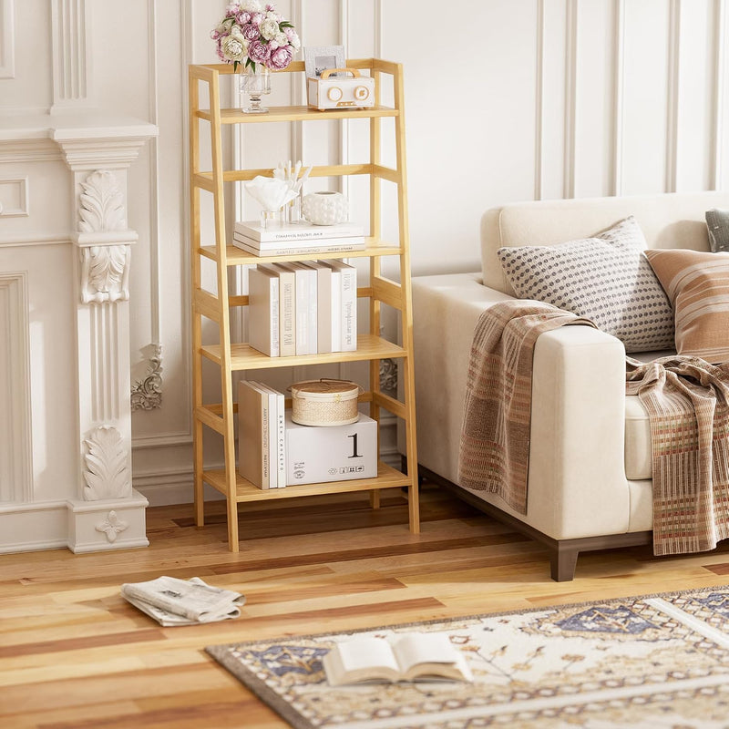 Ladder Shelf 4-Tier Bookshelf Bamboo Leaning Bookcase Display