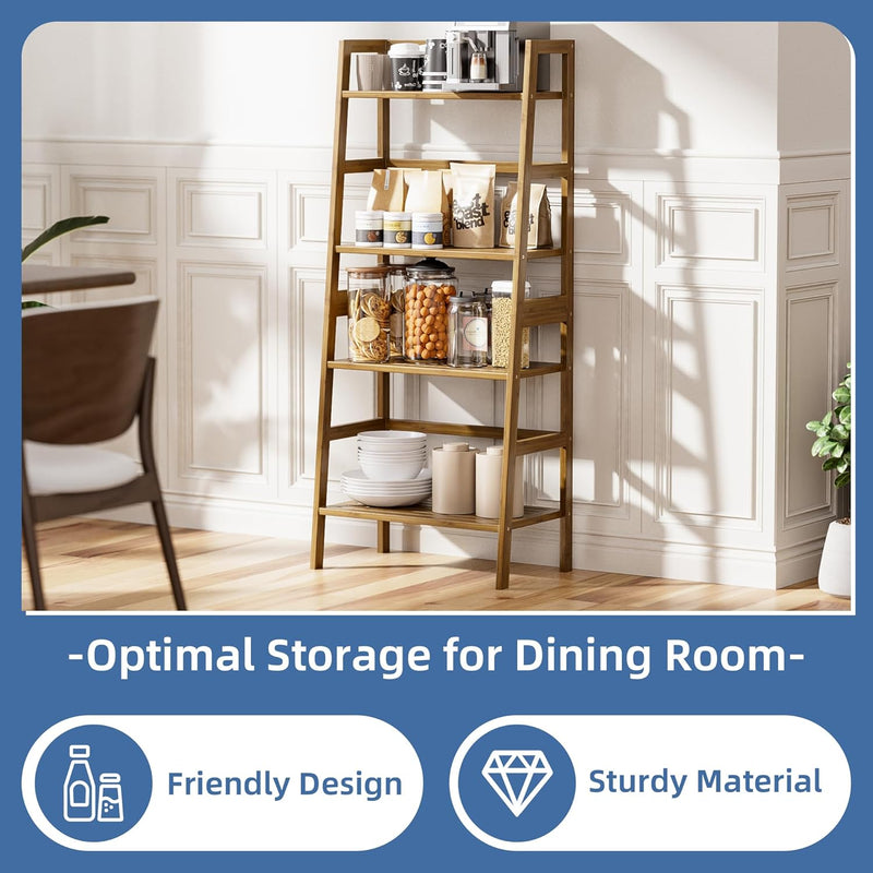Ladder Shelf 4-Tier Bookshelf Bamboo Leaning Bookcase Display