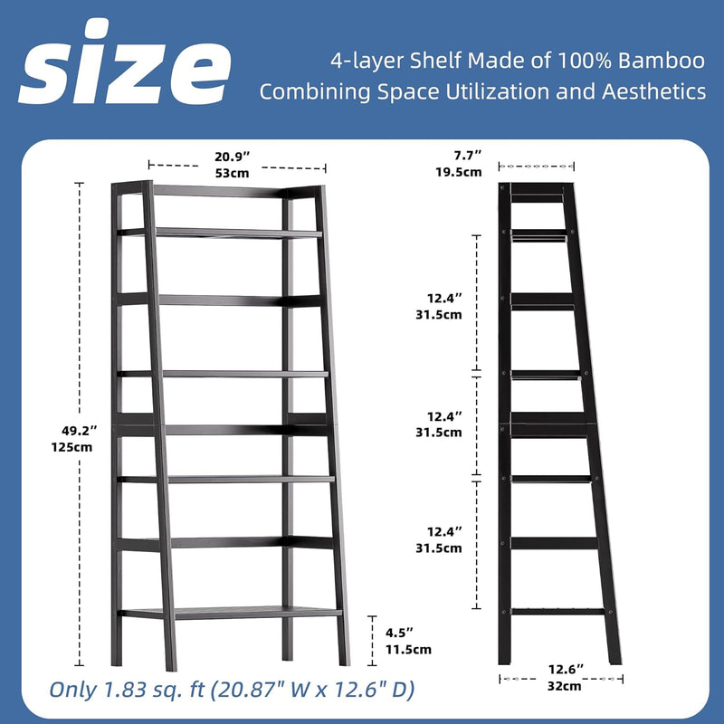 Ladder Bookshelf 4 Tier Bamboo Bookcase Freestanding Open
