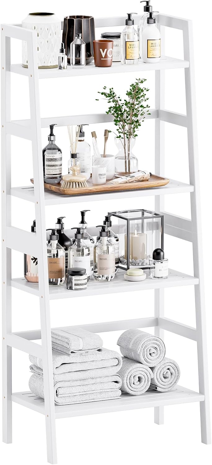 Ladder Bookshelf 4 Tier Bamboo Bookcase Freestanding Open