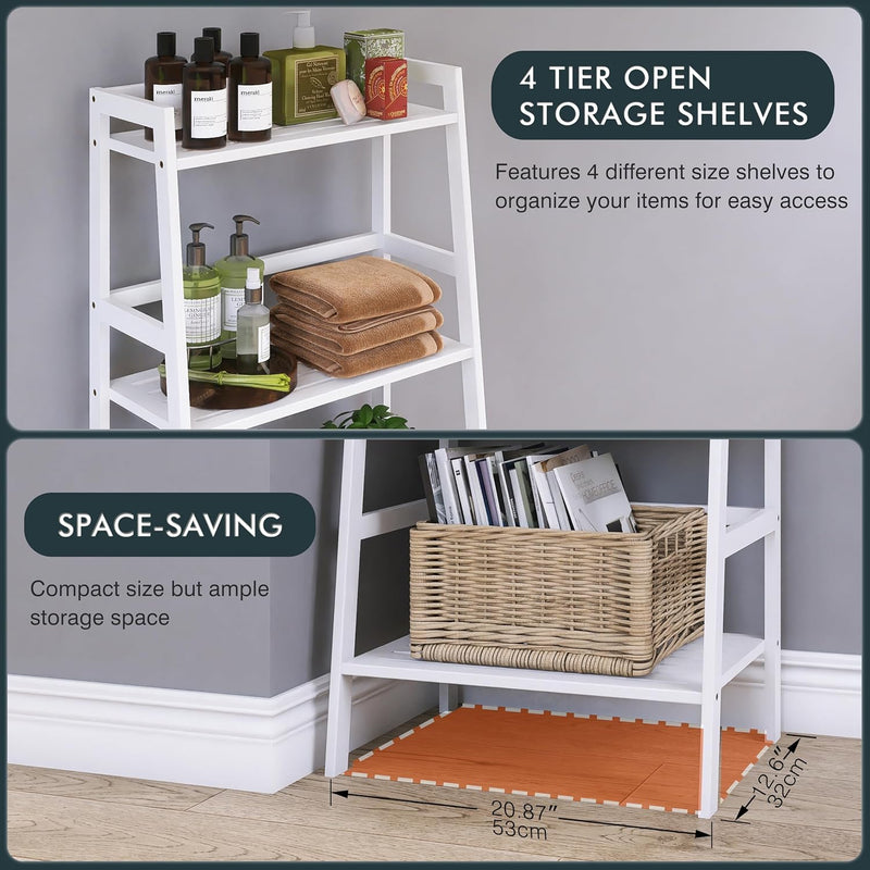 Ladder Bookshelf 4 Tier Bamboo Bookcase Freestanding Open