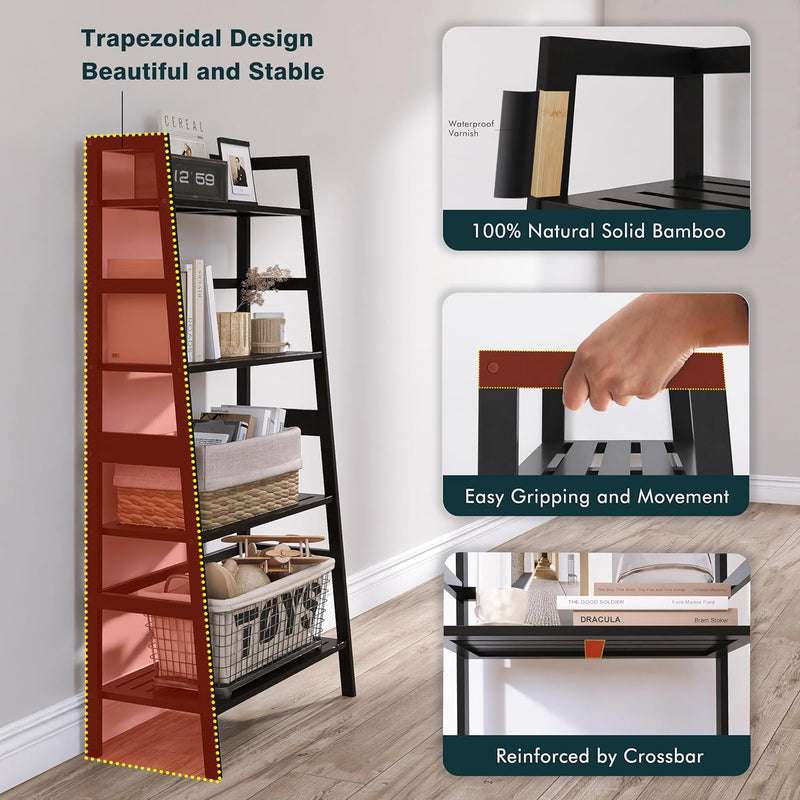 Ladder Bookshelf 4 Tier Bamboo Bookcase Freestanding Open