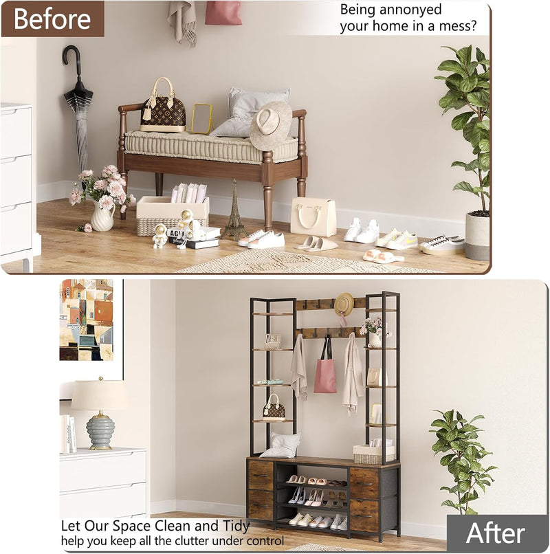 Large 5-In-1 Entryway Hall Tree with Bench Coat