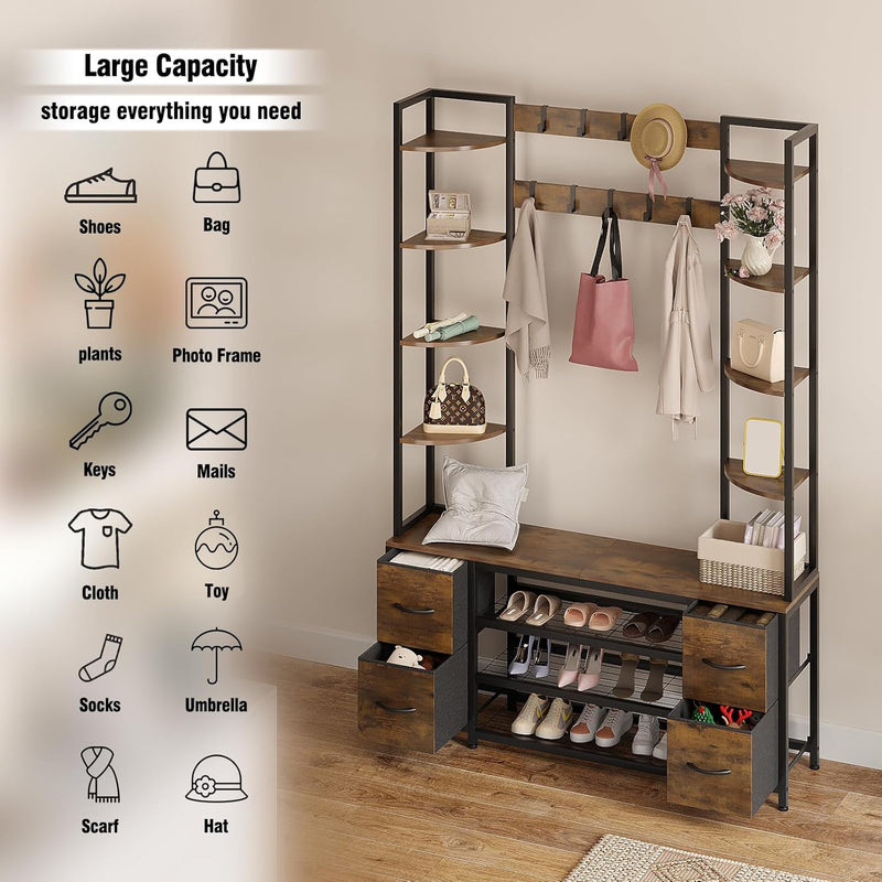 Large 5-In-1 Entryway Hall Tree with Bench Coat