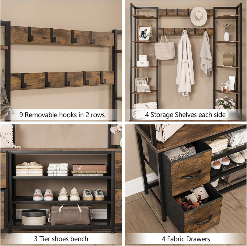Large 5-In-1 Entryway Hall Tree with Bench Coat