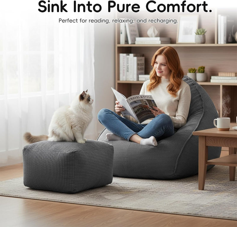 Large Bean Bag Chair with Ottoman Corduroy Floor