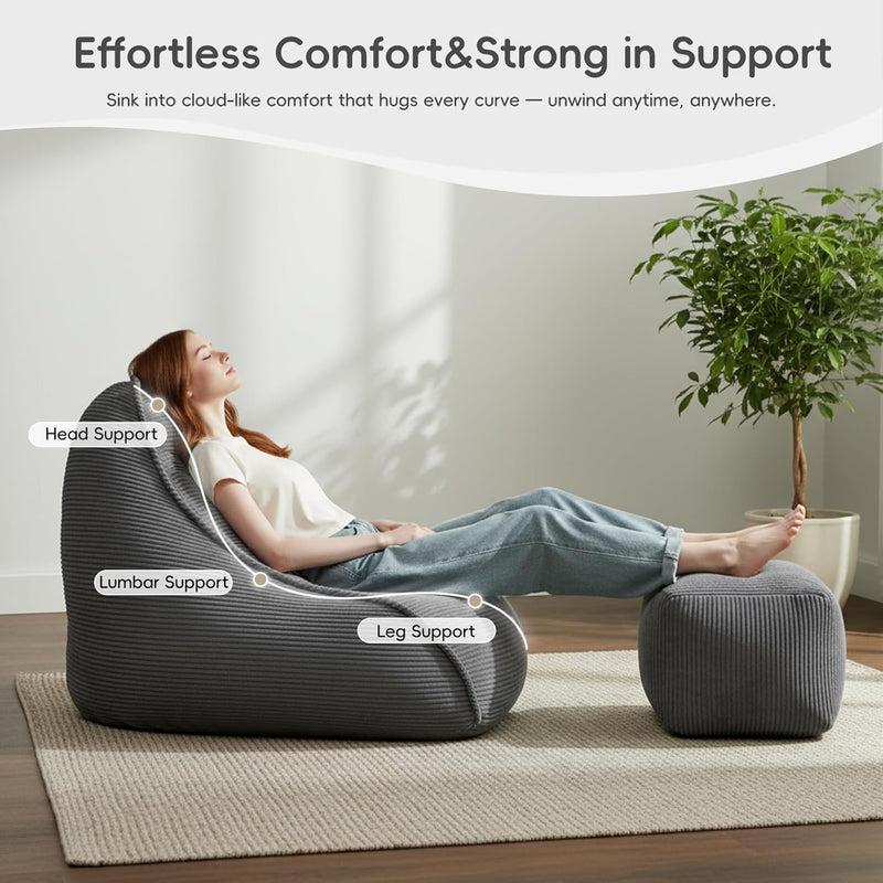 Large Bean Bag Chair with Ottoman Corduroy Floor