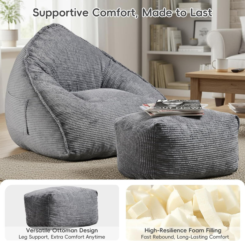 Large Bean Bag Chair with Ottoman Corduroy Floor