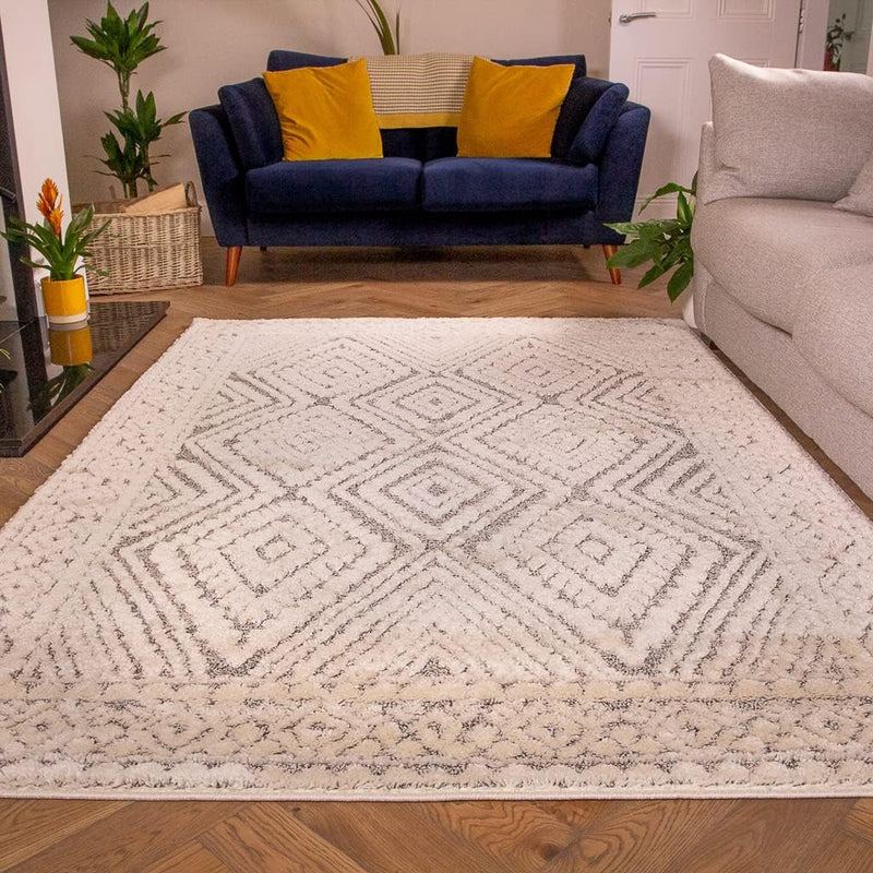 Large Modern Natural Diamond Trellis Rug Soft Hi-Low