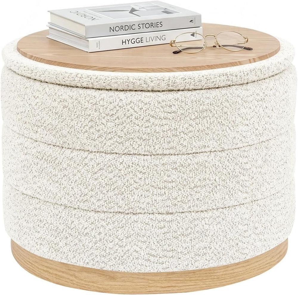 Large Round Chenille Storage Ottoman with Tray Top