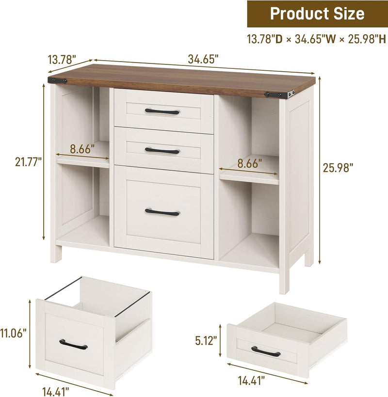 Farmhouse Lateral Filing Cabinet 3 Drawer Wooden File